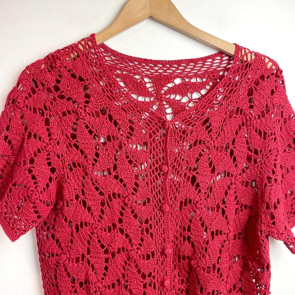 Vintage 90s Sheer Boho Crochet Lace Top Red Sz Medium Open Weave Coastal Cowgirl - Picture 2 of 6